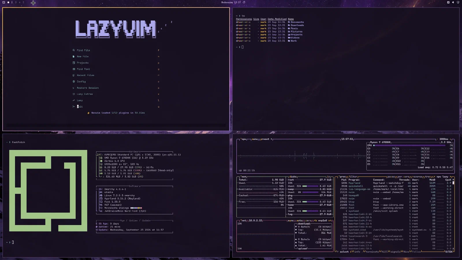 Omarchy desktop with a purple and gold theme, showing Neovim and terminal windows