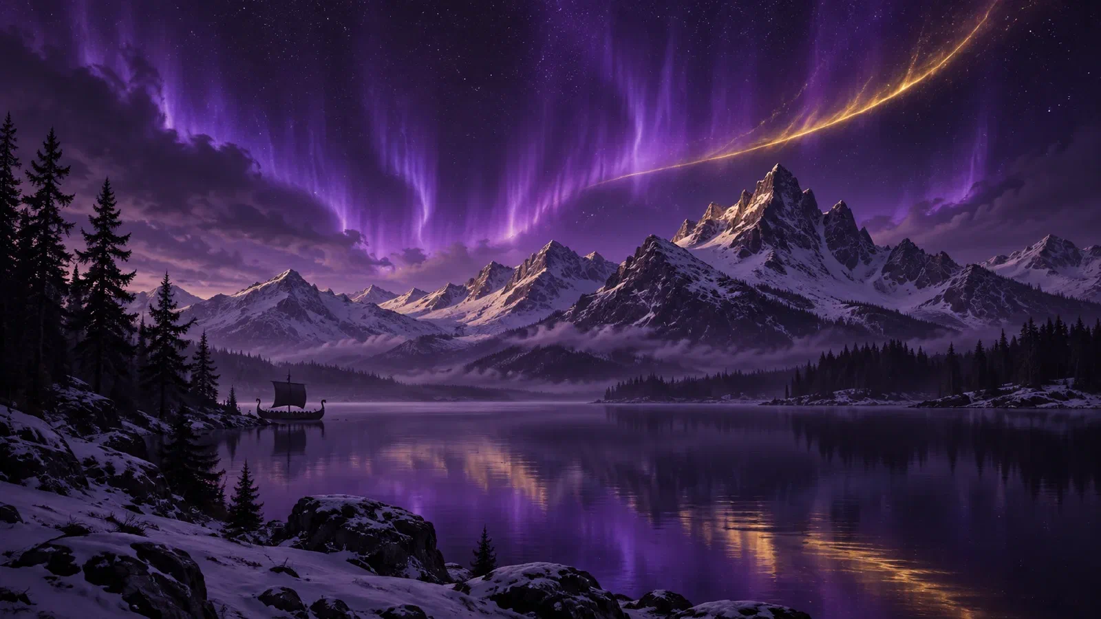 Purple aurora and a golden arc above snowy mountains and a lake, with a small Viking longship near the shore