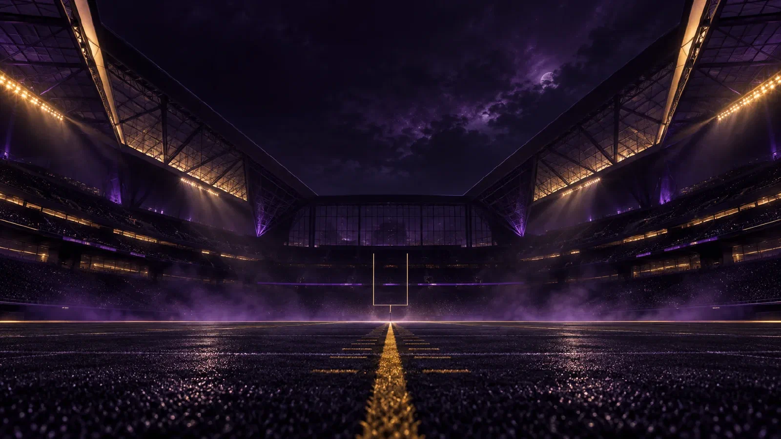 An empty football stadium at night, lit in purple and gold, with a gold field marking leading towards the goalposts