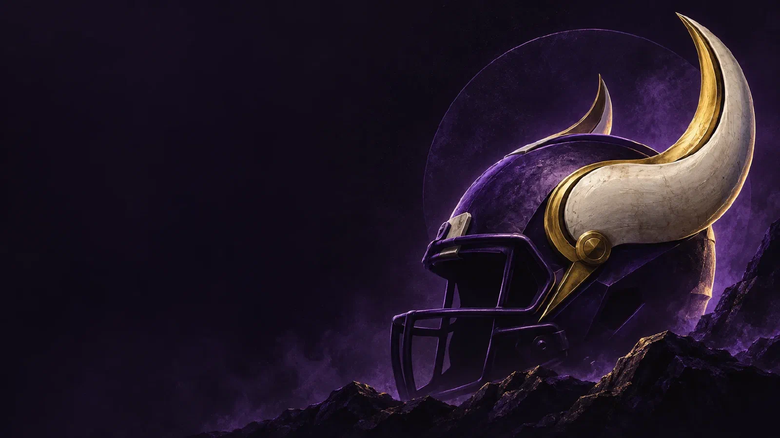 A purple football helmet with sweeping ivory and gold Viking horns against a dark background